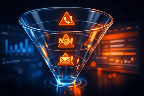 Pipeline commercial B2B visualisé comme un funnel avec des signaux d'alerte orange détectés par un dashboard HubSpot
